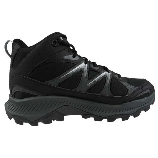 נעל שטח גבוהה Merrell Tempo EXP Active Mid GTX לגברים בצבע שחור – מבט צד בזווית עם שרוכים וצווארון מרופד