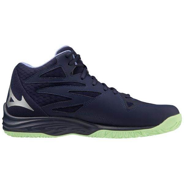 נעל הספורט Mizuno V1GA237511 THUNDER BLADE Z MID, המיוצרת על ידי Mizuno, כוללת צבע כחול כהה עם עיצוב גבוה, לוחות רשת וסוליה ירוקה בהירה.