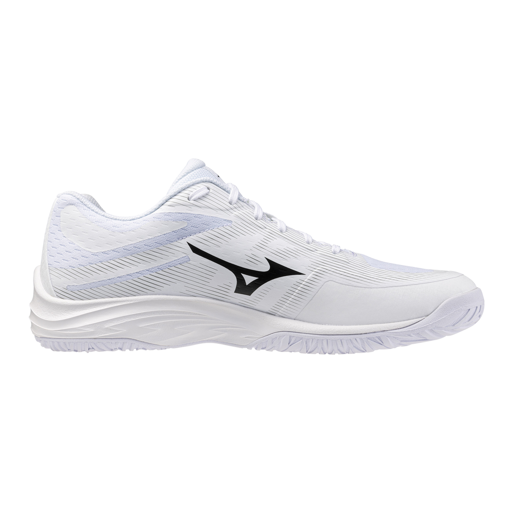 נעל כדורעף וכדוריד Mizuno Lightning Select בלבן – מבט צד חיצוני, עם עליון רשת לבן, סוליה שטוחה ולוגו RunBird שחור במרכז הצד.