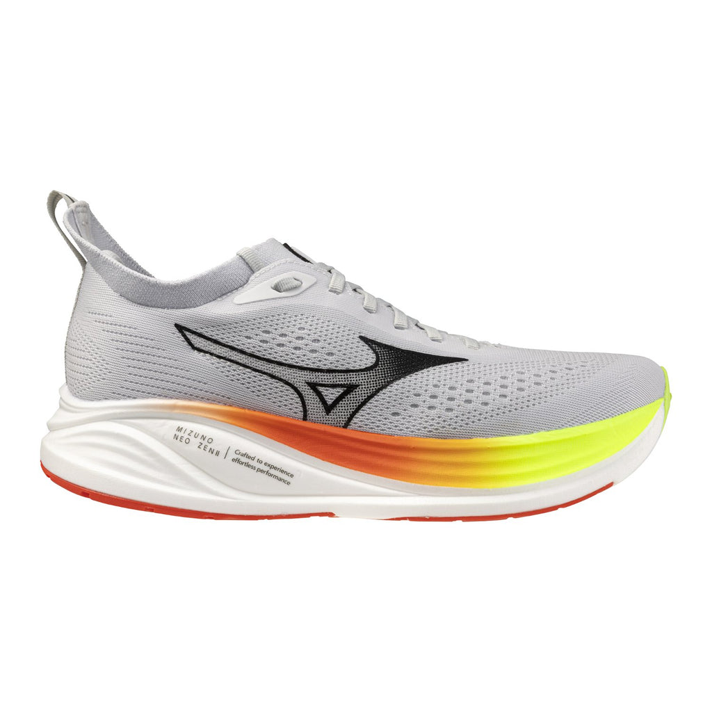נעל ריצה Mizuno Neo Zen 2 Cloudscape לגברים בגוון אפור בהיר וגרדיאנט צהוב-אדום – מבט צד חיצוני