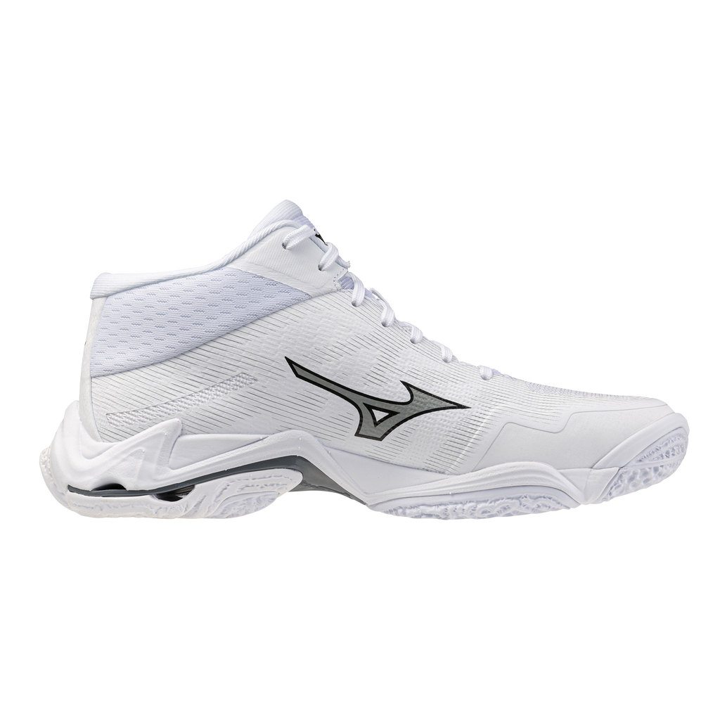 נעלי כדורעף Mizuno Wave Lightning Elite MID בלבן – מבט צד פנימי עם לוגו RunBird כסוף וגזרת MID תומכת קרסול