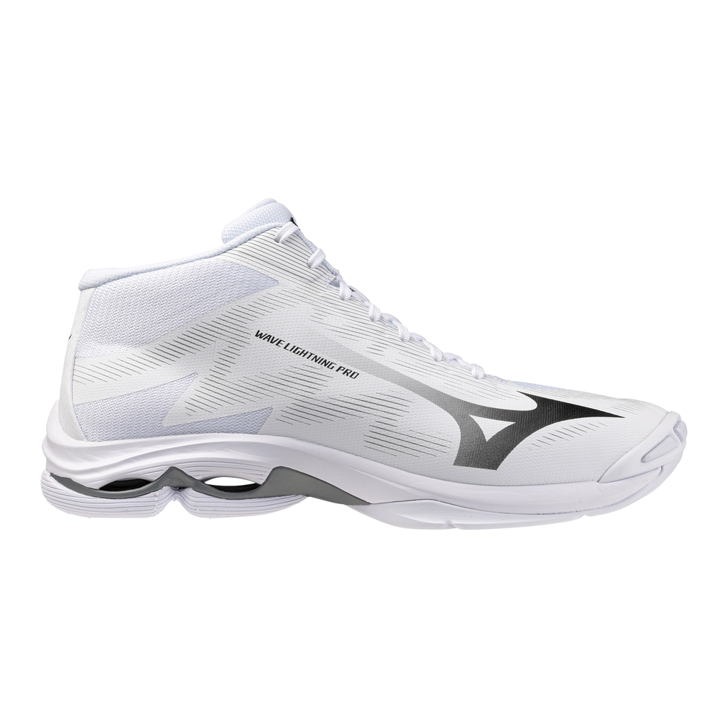 נעלי כדורעף/כדוריד Mizuno Wave Lightning Pro Mid לגברים בצבע White / Black / Ultimate Gray — תמונת המוצר הראשית על רקע לבן.
