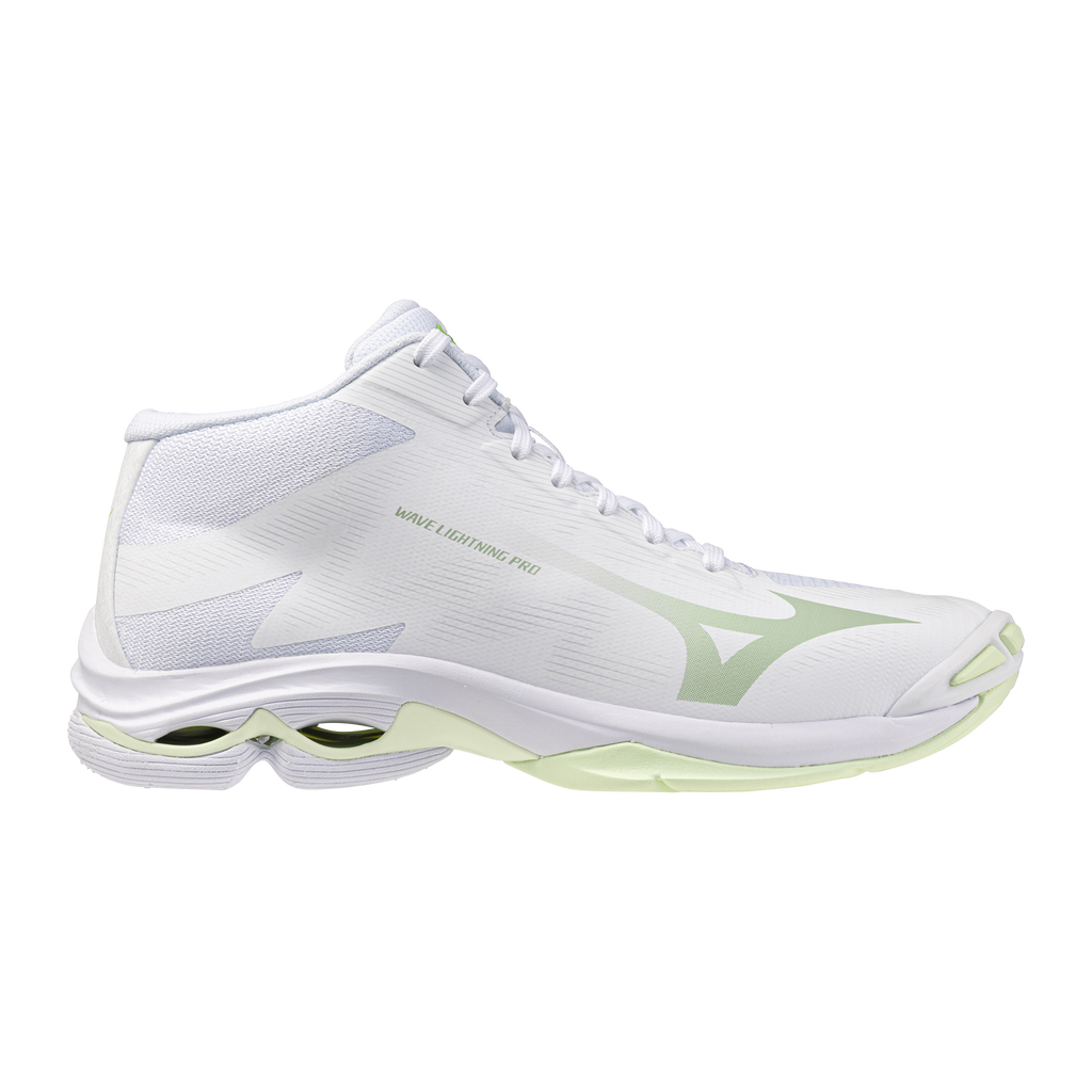 נעלי כדורעף/כדוריד Mizuno Wave Lightning Pro Mid לנשים בצבע White / Aqua Gray / Ambrosia — תמונת המוצר הראשית על רקע לבן.