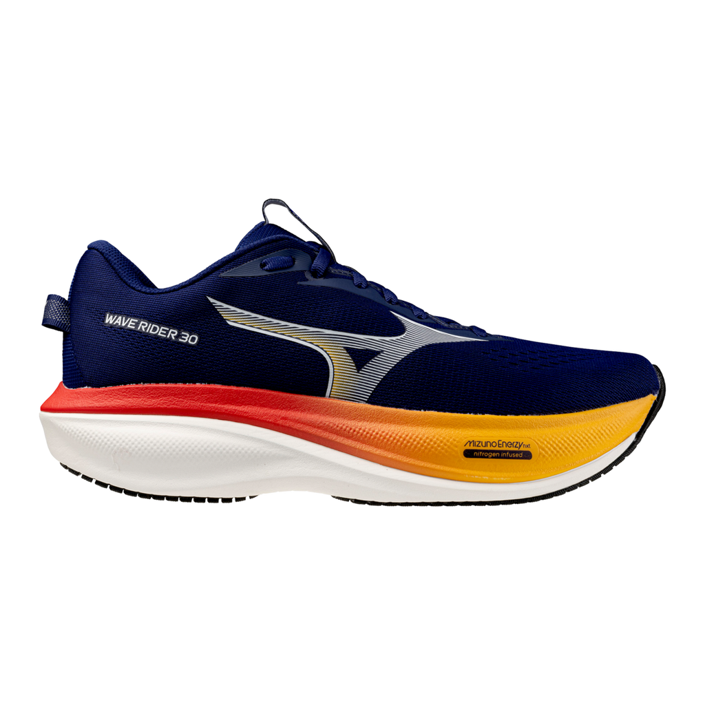 נעלי ריצה לגברים Mizuno Wave Rider 30 בצבע Beacon Blue / White / Artisan's Go — תמונת המוצר הראשית על רקע לבן.