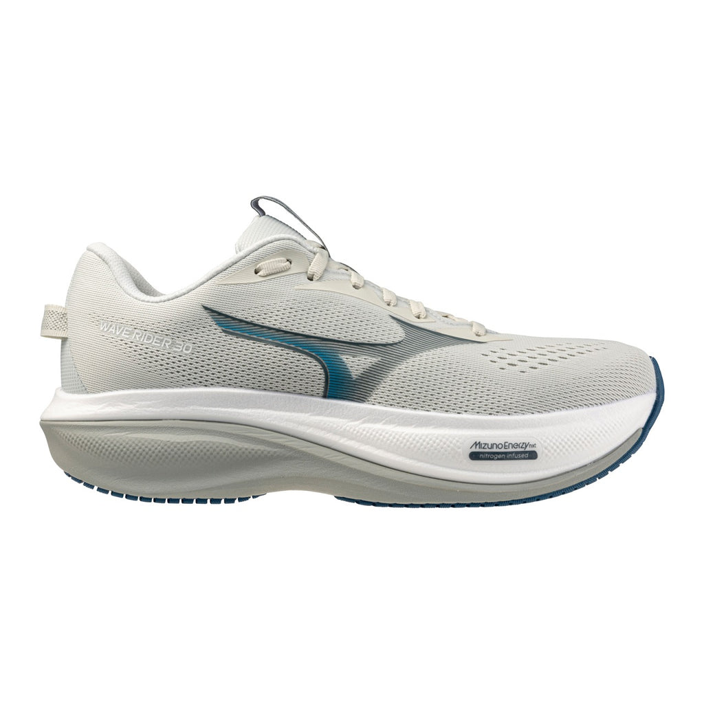 נעל ריצה Mizuno Wave Rider 30 Foggy Dew לגברים בגוון אפור ערפל וכחול פטרול – מבט צד חיצוני