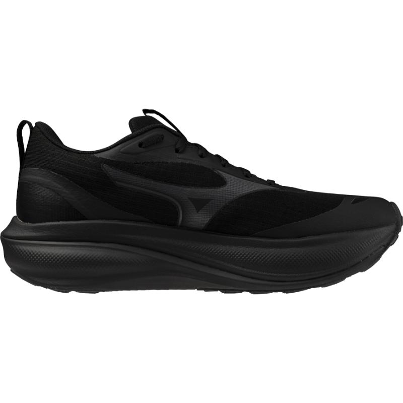 נעל ריצה Mizuno Wave Rider GTX 4 לגברים בצבע שחור מלא — מבט צדדי חיצוני עם לוגו RunBird של מיזונו וסוליה אמצעית גבוהה בגובה 43 מ"מ בעקב.