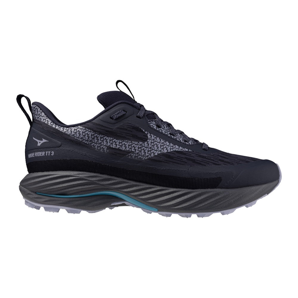 נעלי שטח Mizuno Wave Rider TT 3 לגברים בצבע Odyssey Gray – מבט צד חיצוני עם לוגו Runbird וסוליית Wgrip בנגיעת טורקיז