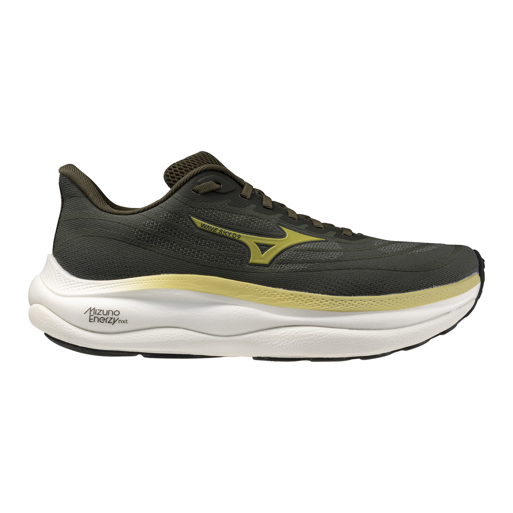 נעלי ריצה לגברים Mizuno Wave Sky 9 בצבע Forest Night / Beechnut — תמונת המוצר הראשית על רקע לבן.
