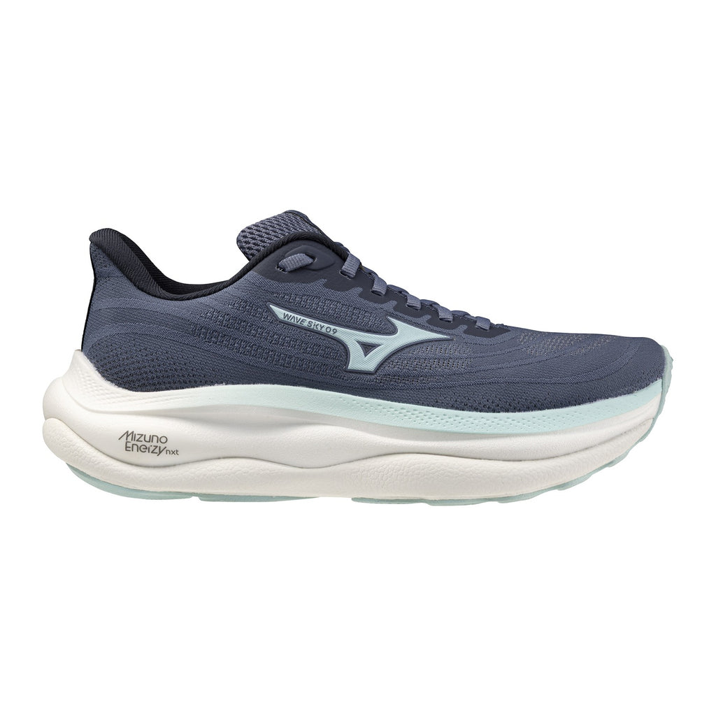 נעל ריצה Mizuno Wave Sky 9 Wild Wind לנשים בגוון כחול צפחה ומנטה – מבט צד חיצוני