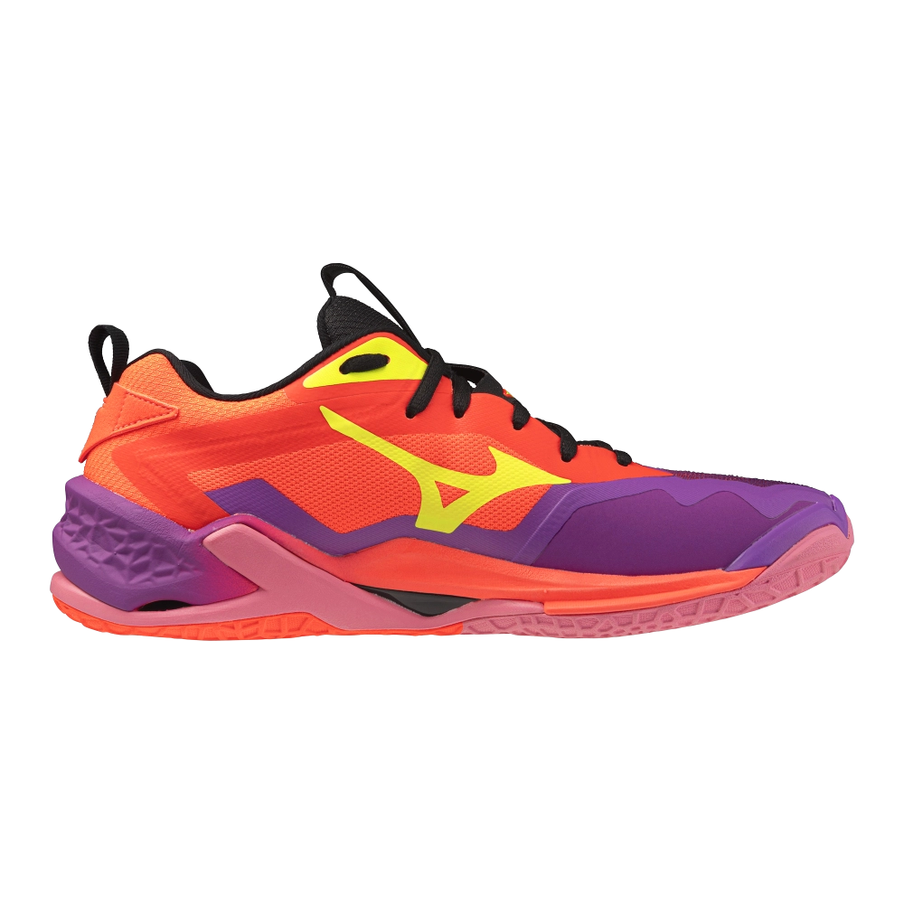 נעלי כדוריד וכדורעף Mizuno Wave Stealth Neo 2.1 בצבעי סגול, כתום וורוד — מבט צד עם לוגו Mizuno.