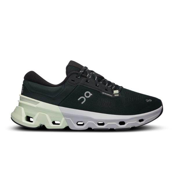 הכירו את On Cloudflyer 5 Jungle/Lima 3ME30012788 של On Cloud, נעל אתלטית שחורה וירוקה בהירה עם סוליה לבנה עבה ועיצוב שרוכים, במבט מהצד. הנעל כוללת גפה בעלת מרקם ומציגה בגאווה לוגו בצד.