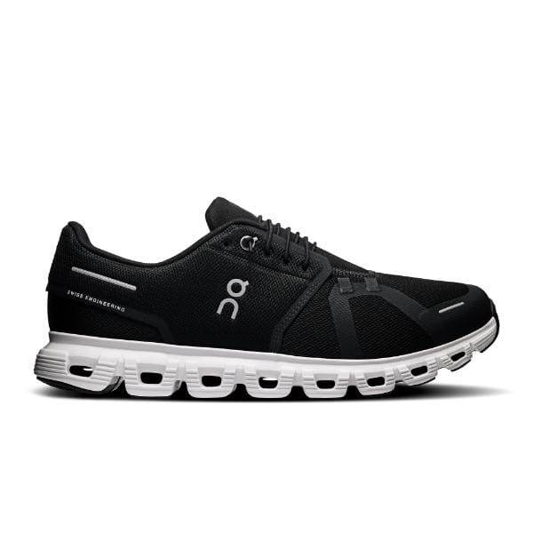 ה-On Cloud 6 Black/White 3MF10070299 היא נעל אתלטית שחורה עם סוליה מפולחת לבנה, הכוללת את הלוגו של On Cloud בצד וטקסט "Swiss Engineering" על העקב.