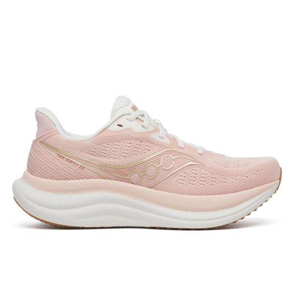 תיהנו מנוחות וסגנון עם Saucony TRIUMPH 23 S11023-233 לנשים — נעלי ריצה בצבע ורוד בהיר עם סוליה לבנה, שרוכים וקישוטים זהובים עדינים. מושלמות לימים פעילים. מותג: Saucony.