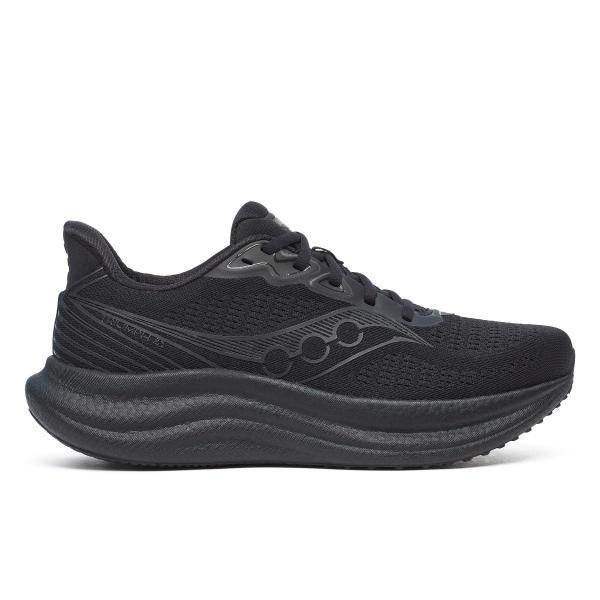 Saucony TRIUMPH 23 BLACK W S21024-201 הוא נעל ריצה לגברים עם סוליה עבה ומחוספסת, גפה עליונה מרשת ולוגו עדין בצד.