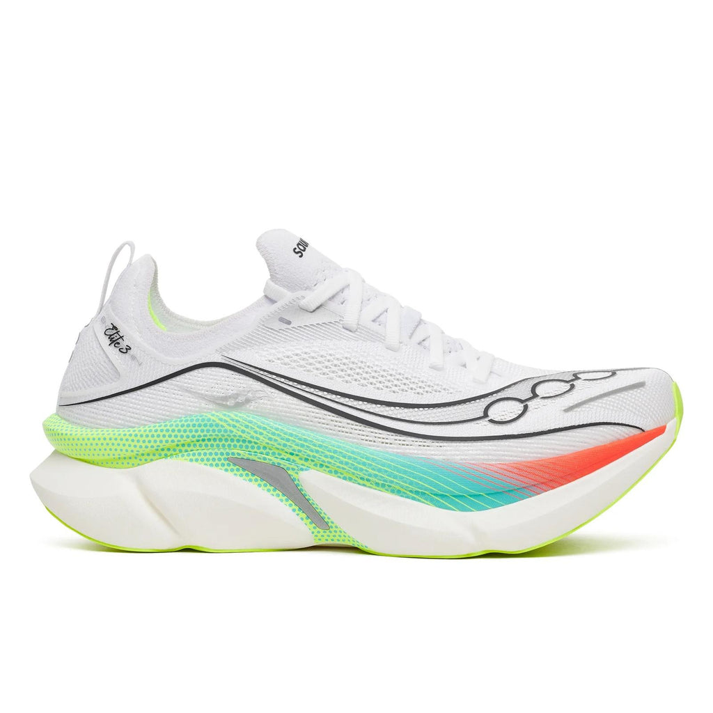 נעלי ריצה Saucony Endorphin Elite 3 בצבע White/Multi — מבט צד חיצוני על הגפה הלבנה מרשת עם לוגו סאקוני שחור וסוליה אמצעית בגרדיאנט אלמוג-טורקיז-ירוק ניאון.