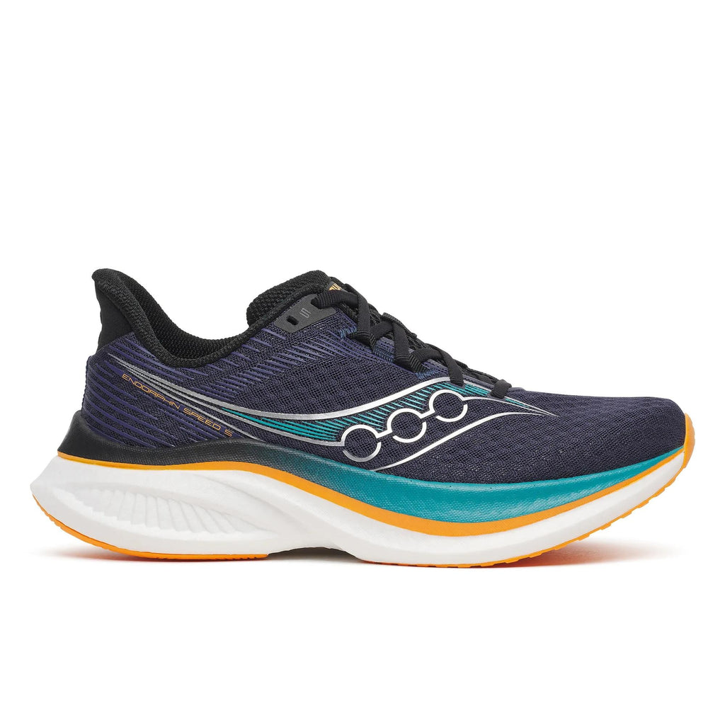 נעלי ריצה סאקוני אנדרופין ספיד 5 לגברים Saucony Endorphin Speed 5 Naval/Tranquil - מבט צד על הגפה הכחולה, נגיעות הטורקיז והלוגו הכסוף
