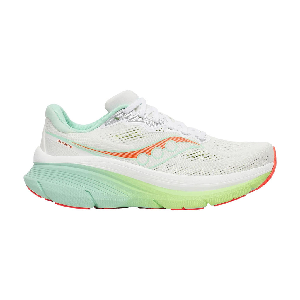 נעלי ריצה סאקוני גייד 19 לנשים Saucony Guide 19 בצבע White/Tint — מבט צד על הגפה הלבנה וסוליית הביניים בגוון מנטה
