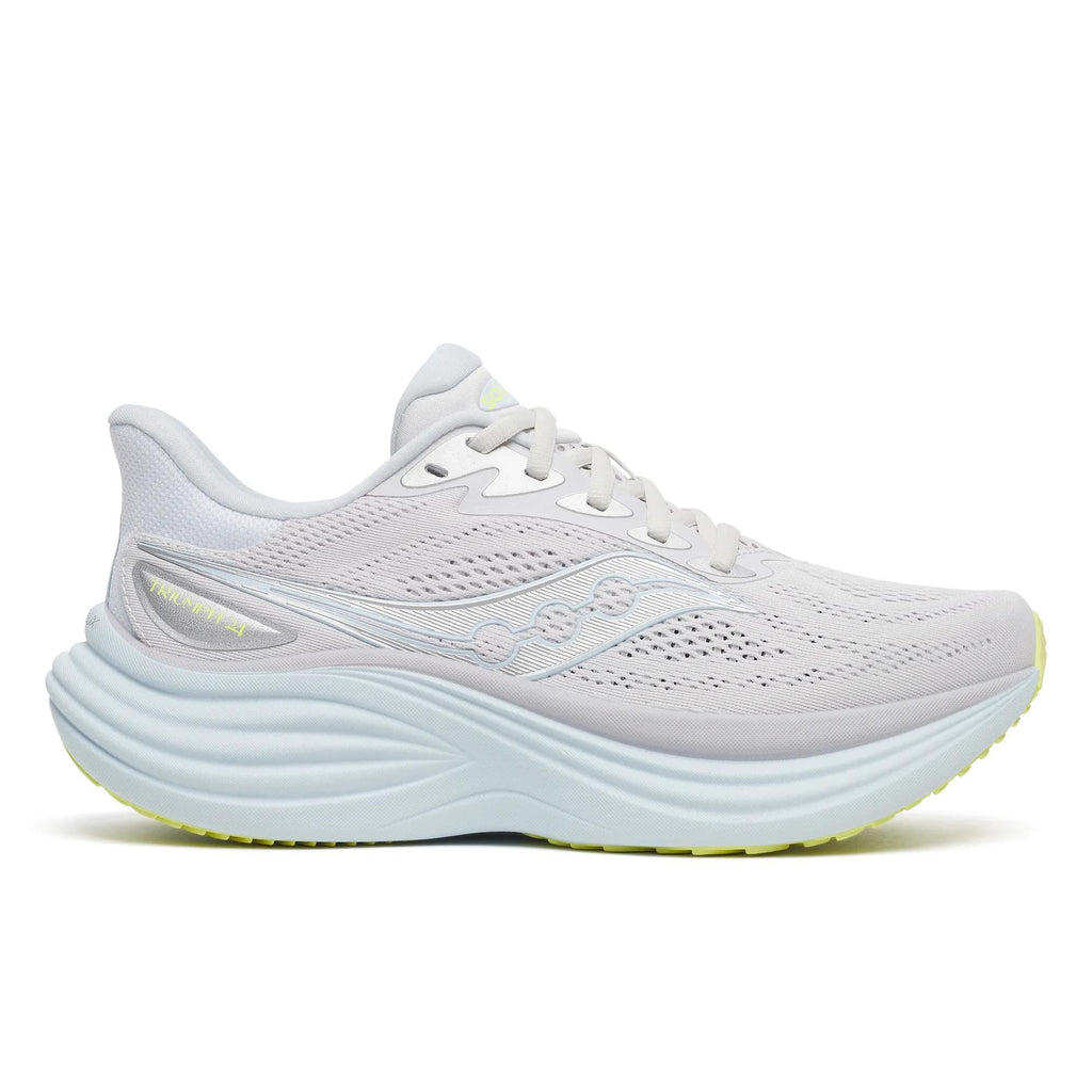 נעלי ריצה סאקוני טריומף 24 לנשים Saucony Triumph 24 Fog/Ice Melt - מבט צד פנימי, גפה אפורה בהירה עם סוליית IncrediLUX לבנה עבה וסוליית חוץ צהובה