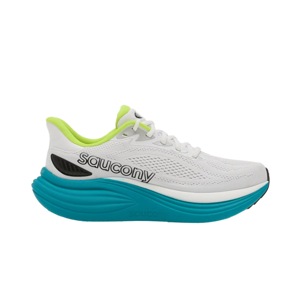נעלי ריצה סאקוני טריומף 24 לגברים Saucony Triumph 24 בצבע White/Tranquil — מבט צד עם לוגו סאקוני, גפה לבנה, בטנה ירוקה-ניאון וסוליית IncrediLUX טורקיז