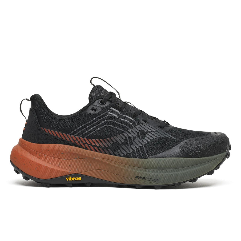 נעלי ריצת שטח סאקוני אקסודוס אולטרה 4 לגברים Saucony Xodus Ultra 4 בצבע Black/Rust — מבט צד על הגפה השחורה וסוליית הביניים בגוון חלודה