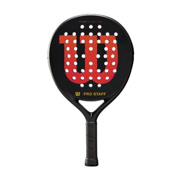 מציגים את ההנעה Wilson Padel Pro WR112311U מבית Wilson, הכוללת עיצוב שחור אלגנטי עם לוגו אדום בולט "W" וחורים מחוררים.