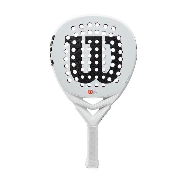 תמונה של Wilson Padel Bela LT WR161411U, מחבט טניס משוטים לבן מבית Wilson, הכולל לוגו שחור גדול "W" על הפנים וחורים מחוררים לשיפור האווירודינמיקה.