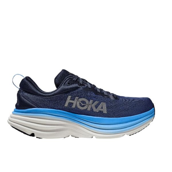 נעל ריצה Hoka בונדי 8 רחבות בצבעי נייבי וכחול.